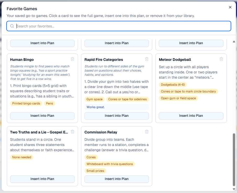 Saved game library in Youth Ministry Planner
