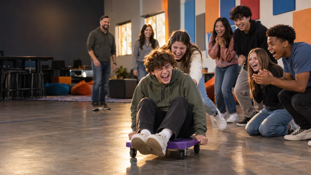 Illustration of teens laughing together during a group game