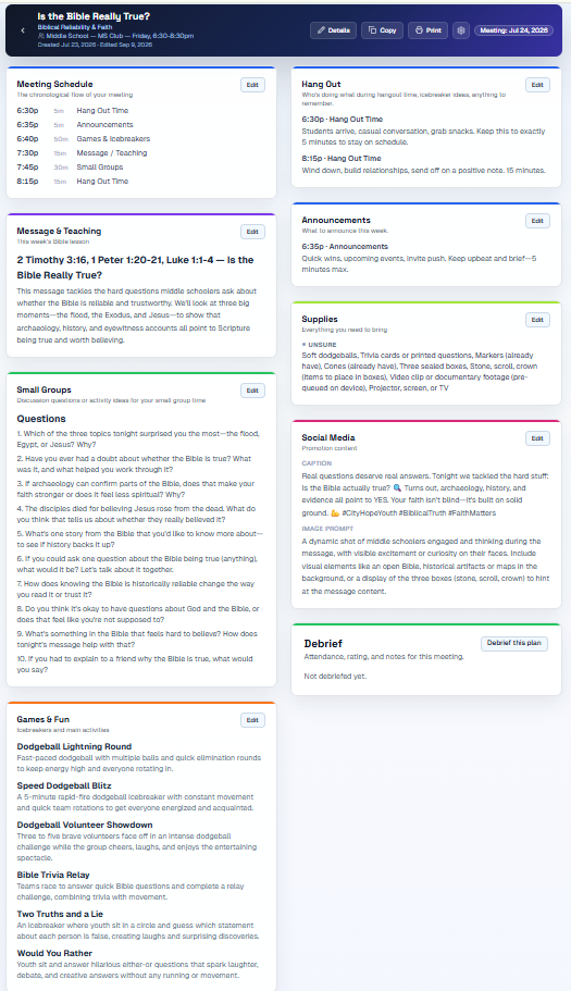 A complete Youth Ministry Planner plan showing the schedule, teaching, small groups, games, supplies, social media, and debrief