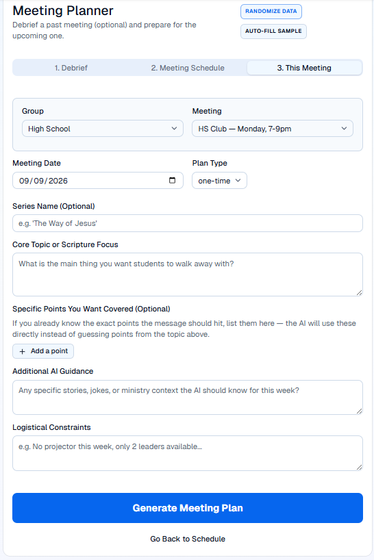 Meeting schedule editor in Youth Ministry Planner