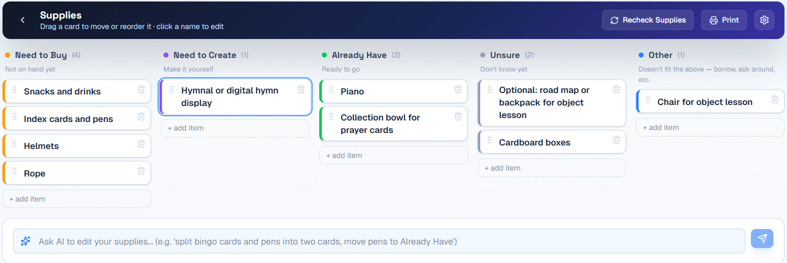 Supplies tracker board in the Youth Ministry Planner app