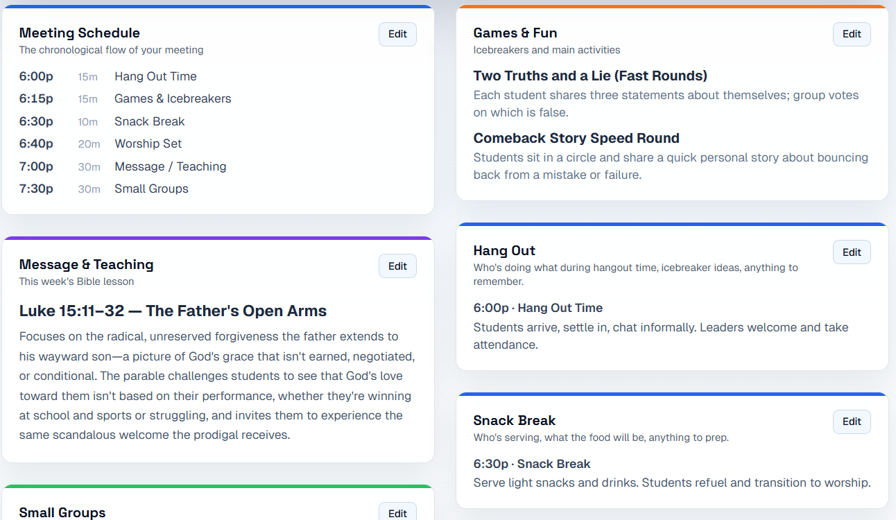 Meeting plan dashboard screen