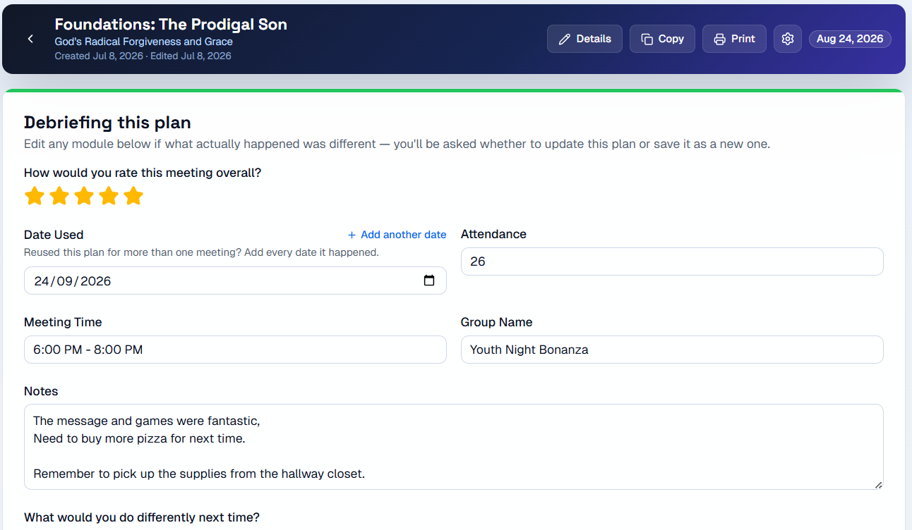 Meeting debrief screen